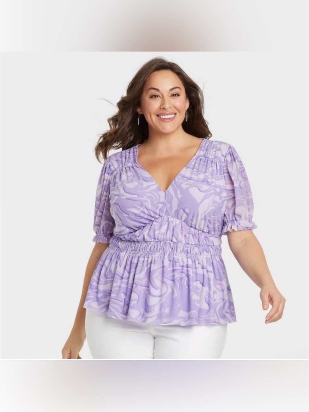Ava & Viv Lavender Marble Peplum V-Neck Blouse